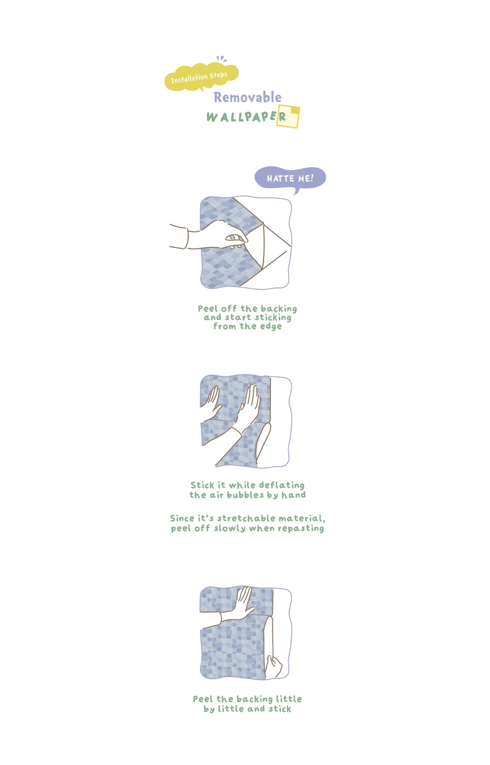 Removable wallpaper installation guide infographic with cartoon drawings